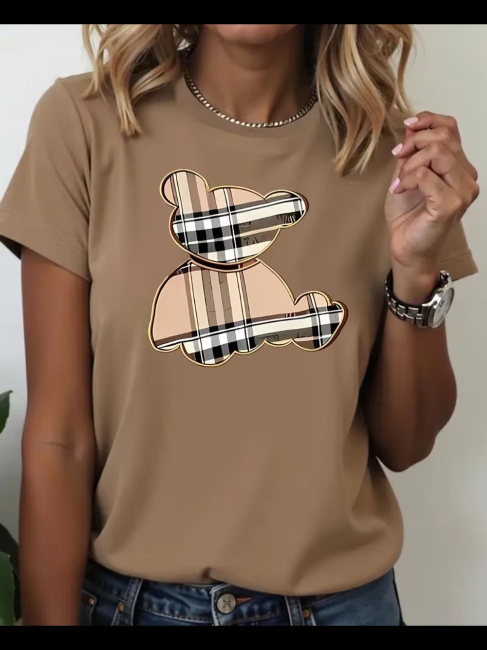 Source Unknown Tan Short Sleeve Tee with Plaid Bear Graphic